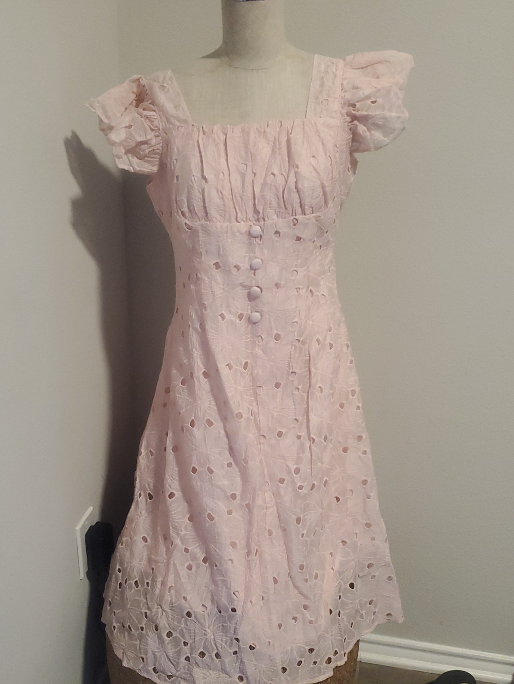Dolce Viva  Elegant Pink Eyelet A-Line Dress with Puff Sleeves